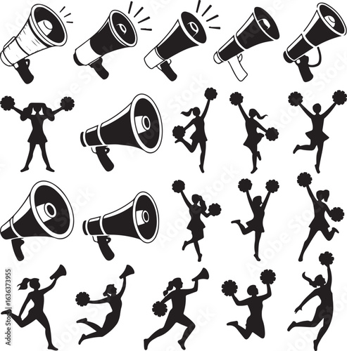 Cheerleaders And Megaphones Silhouettes For Sports And Events Keywords: cheerleader, cheerleading