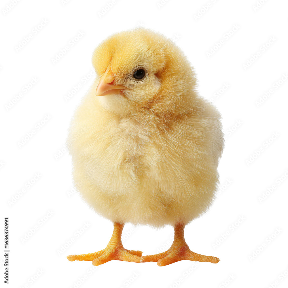 Fototapeta premium Fluffy yellow chick standing upright, showcasing its soft feathers and curious expression. This adorable bird symbolizes new beginnings and innocence