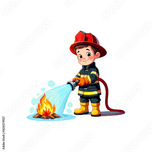Charming cartoon illustration of a young boy dressed as a firefighter, bravely extinguishing a small fire with a water hose.