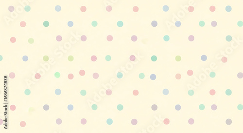 Pastel-colored polka dots create a soft, subtle pattern on a light beige background.