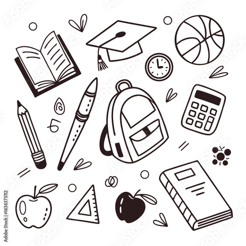 This seamless pattern features a collection of school and office objects, including pencils, pens, and books, in a hand-drawn doodle style