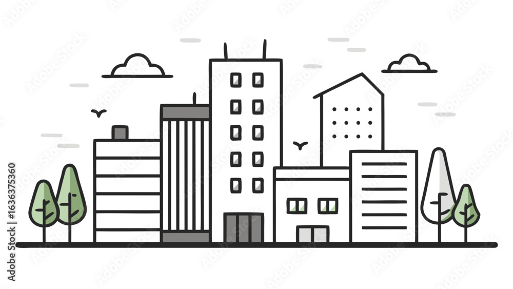 Obraz premium Modern cityscape with tall buildings trees and clouds illustration