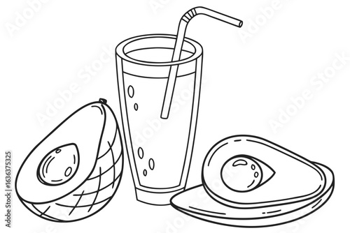 Coloring Pages, cartoon-style avocado juice in a tall glass with straw, colorless, uncolored, black and white for coloring book, coloring page, kids
