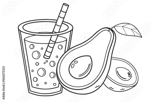 Coloring Pages, cartoon-style avocado juice in a tall glass with straw, colorless, uncolored, black and white for coloring book, coloring page, kids
