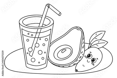 Coloring Pages, cartoon-style avocado juice in a tall glass with straw, colorless, uncolored, black and white for coloring book, coloring page, kids