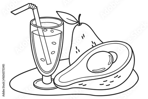 Coloring Pages, cartoon-style avocado juice in a tall glass with straw, colorless, uncolored, black and white for coloring book, coloring page, kids