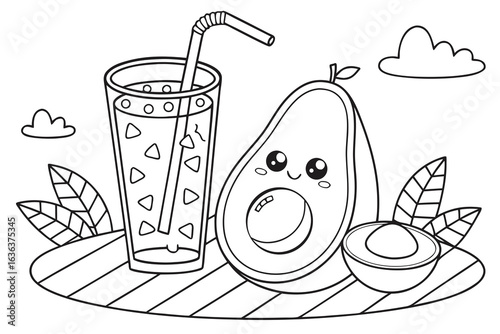 Coloring Pages, cartoon-style avocado juice in a tall glass with straw, colorless, uncolored, black and white for coloring book, coloring page, kids