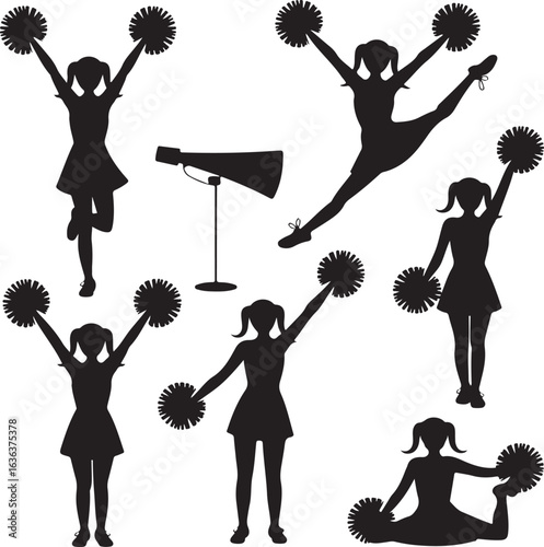 Silhouette cheerleaders with pom poms and megaphone graphic on white cheerleading