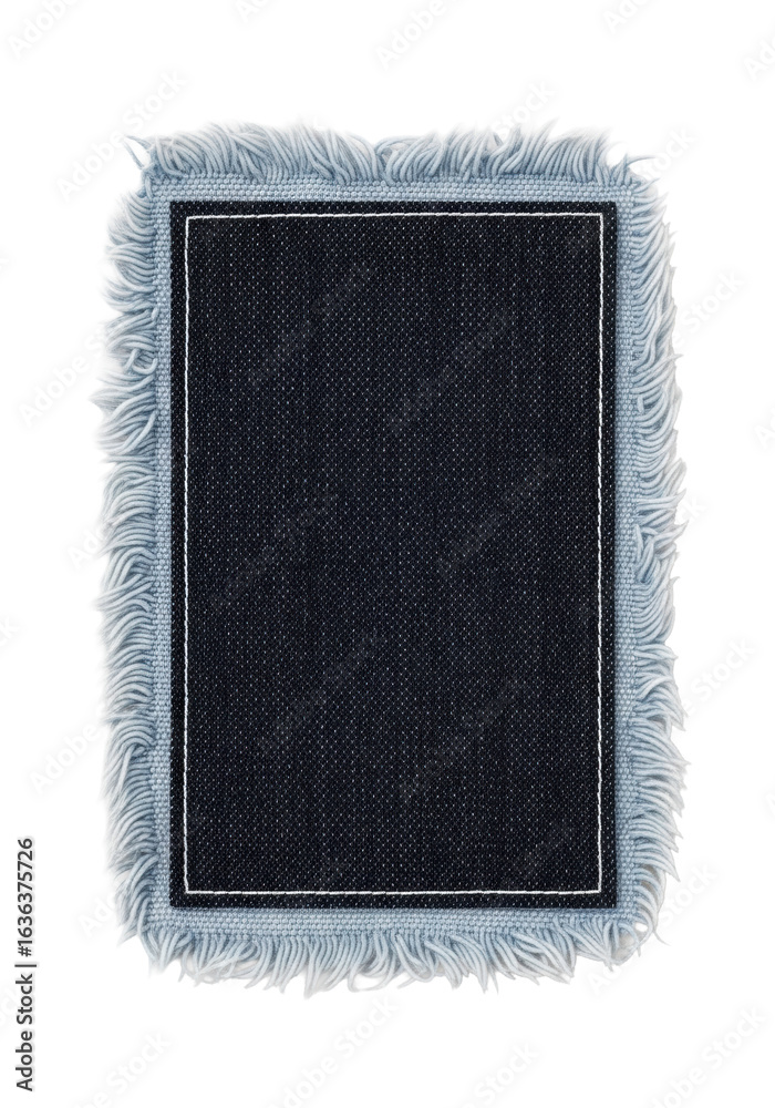 Fototapeta premium Dark indigo denim patch with coarse twill weave, transitioning to frayed lighter blue fabric with loose threads, set against a pristine transparent background, clean textile contrast study
