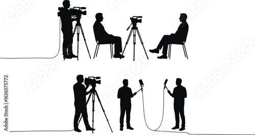 Video production crew silhouettes, cameraman filming, interview recording, tripod camera setup, media broadcast team, microphone operator, film industry, studio interview scene,