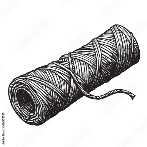 Detailed hand drawn black and white illustration of a spooled spool of twine or string