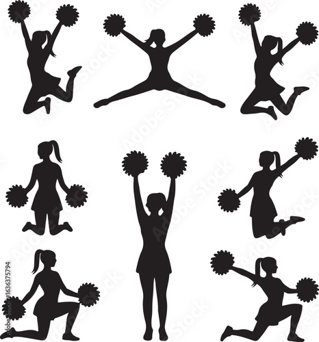 Silhouette cheerleaders in dynamic jumping and kneeling poses with pom poms cheerleading