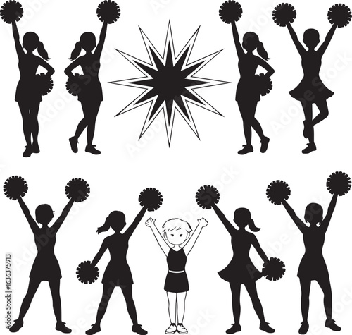 Silhouette cheerleaders with pom poms and starburst graphic on white cheerleading