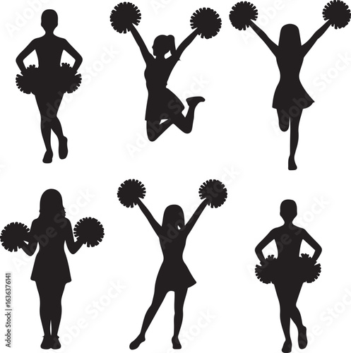 Group of Cheerleader Silhouettes in Different Poses with Pom Poms Keywords: cheerleader, cheerleading