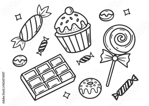 Vector sketch icons set with food, drink, and desserts like easter eggs, sweets, coffee, cake, and cupcakes