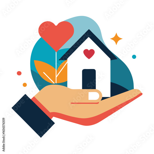 World Adoption Day Concept, Open Hand Holding House with Heart, Family Care Vector Illustration