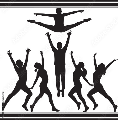 Silhouette of Cheerleaders Performing a Pyramid Formation With a Jumper Keywords: cheerleading