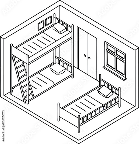 Isometric Dorm Room with Bunk Beds and Single Bed