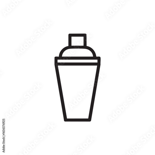 A black and white line drawing of a cocktail shaker.