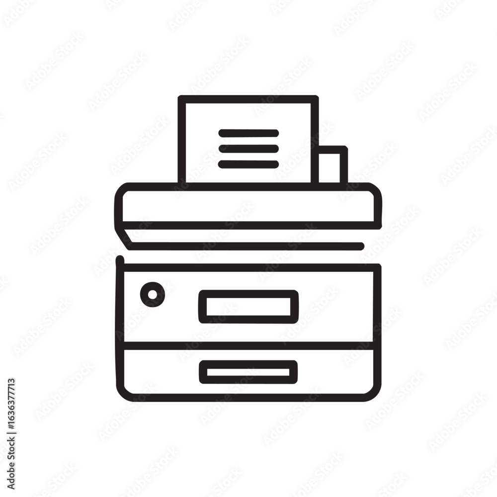 A black and white line drawing of a large office printer. A black and white line drawing of a large office printer.