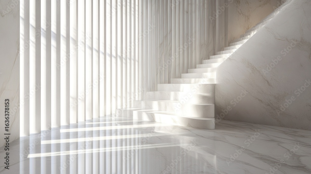Obraz premium White marble staircase interior with bright sunlight filtering through vertical blinds