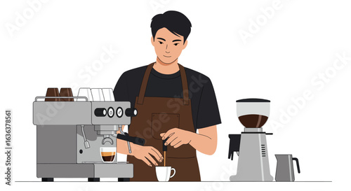 Barista Preparing Coffee with Espresso Machine and Grinder