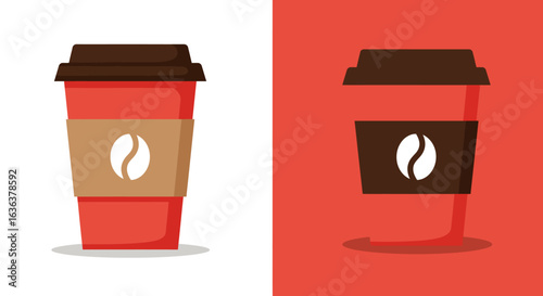 Two Stylized Coffee Cups with Lids and Coffee Bean Icon