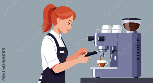 Red-haired barista making coffee with espresso machine