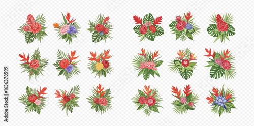 A vibrant collection of hand-drawn tropical flower bouquets featuring exotic blossoms and lush green leaves, arranged in various compositions.
