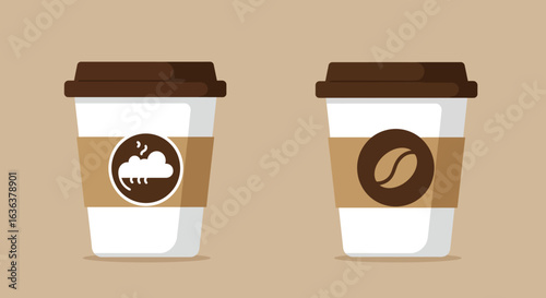 Two Coffee Cups with Brown Lids and Sleeves, Coffee Bean and Cloud Design