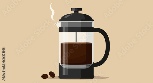 Steaming French Press Coffee Maker with Two Coffee Beans Illustration
