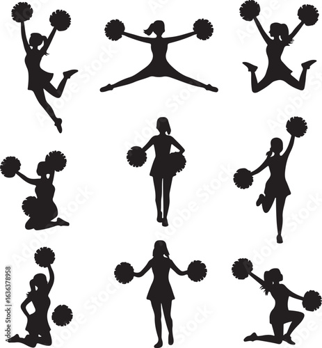 Group of cheerleaders in silhouette performing various actions and poses Keywords: cheerleading