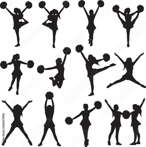 Multiple cheerleaders in dynamic poses with pom poms on white background Keywords: cheerleading