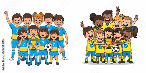 Cartoon Winning Soccer Team Character Illustration with Trophy and Celebration