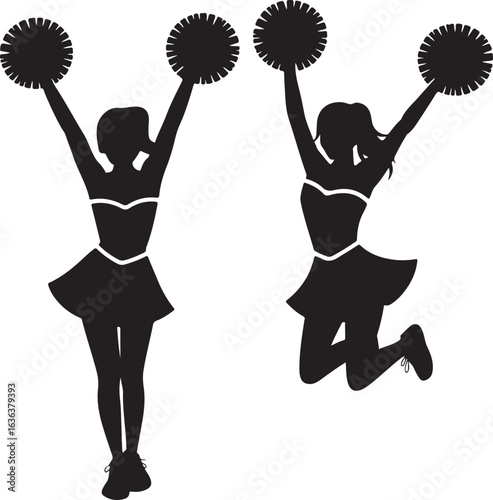 Two cheerleaders in silhouette with pom poms raised on a white background Keywords: cheerleading