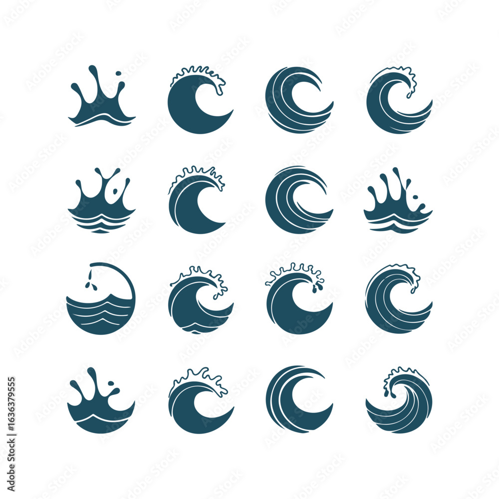 Fototapeta premium Ocean Wave Crests and Water Splashes Icon Set