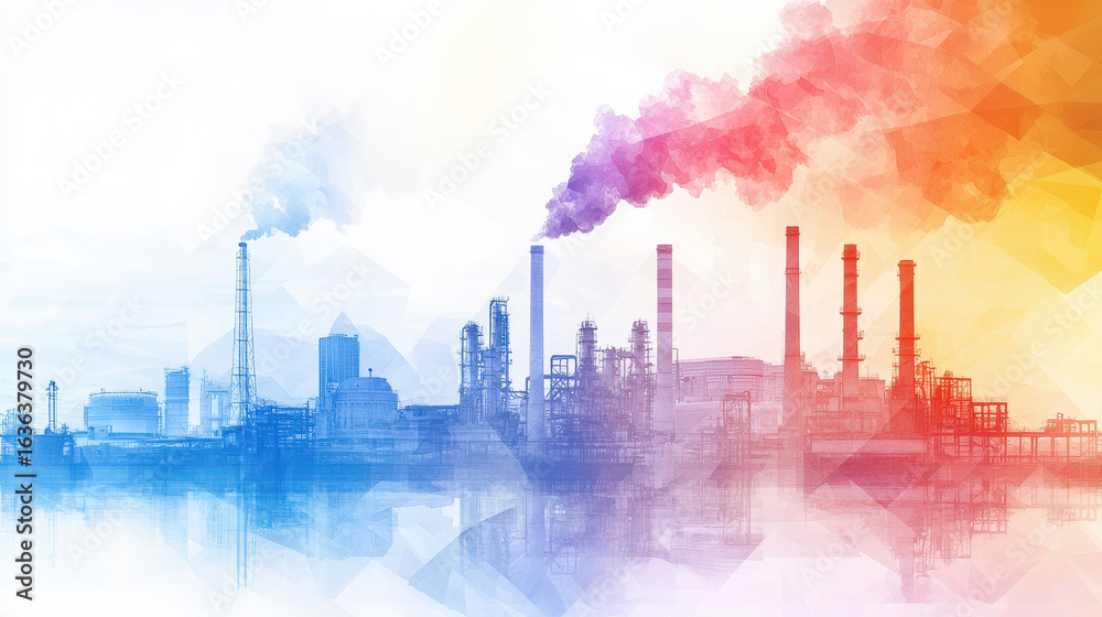 Obraz premium Vibrant industrial landscape featuring smokestacks emitting colorful smoke against geometric background. scene captures essence of modern industry