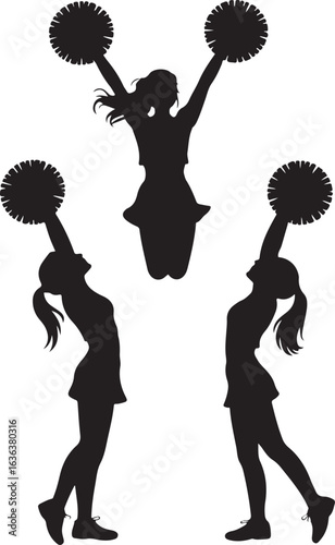 Three Cheerleader Silhouettes With Pom Poms In Dynamic Poses On White cheerleading pompons