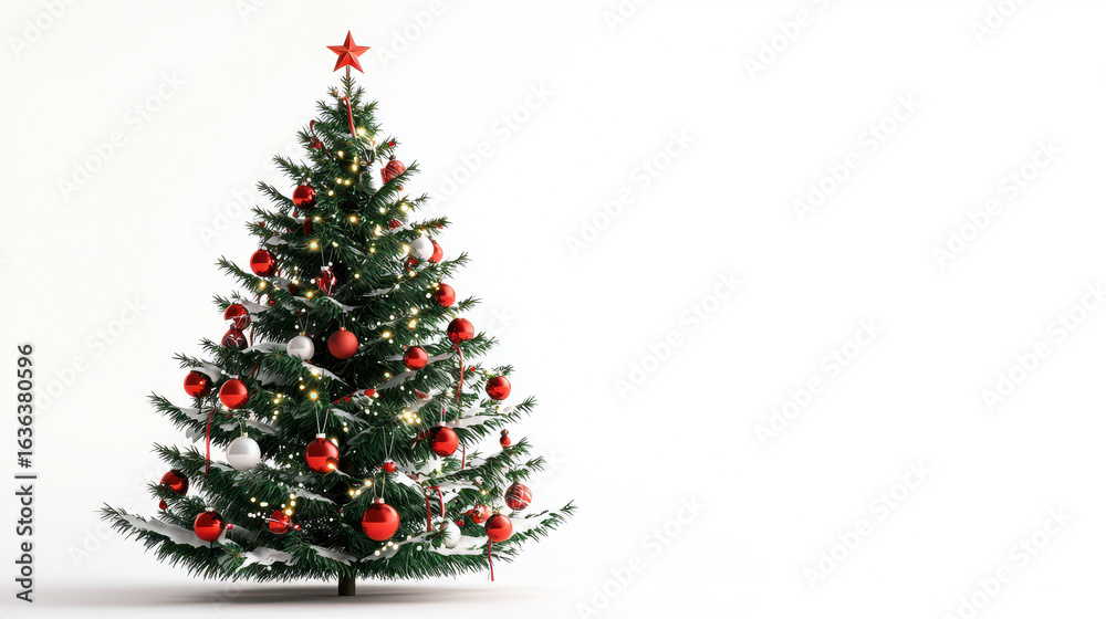 Beautifully decorated Christmas tree with red and white ornaments, twinkling lights, and star on top, creating festive atmosphere Beautifully decorated Christmas tree with red and white ornaments, twinkling lights, and star on top, creating festive atmosphere