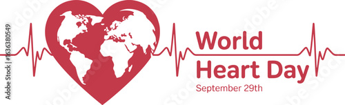 Red heart with world map and electrocardiogram line text World Heart Day September 29th world heart day 2025 2026 image poster banner label social media post t shirt design logo vector download