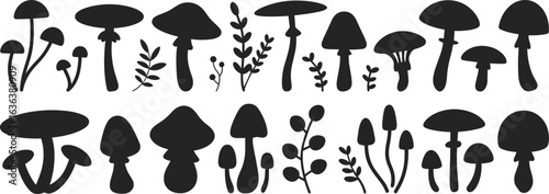 Silhouette of mushrooms, botanical illustration vector, nature elements artwork, black and white design, plant graphics, fungi shapes, Adobe Stock asset