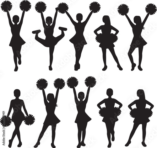 Silhouette Cheerleaders With Pom Poms In Various Poses On White Background cheerleading pompons