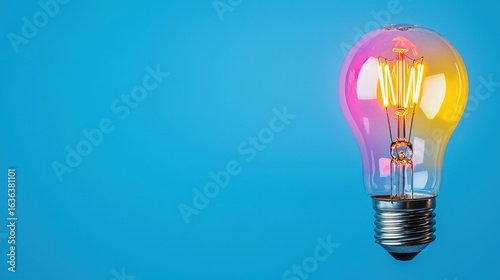 Glowing light bulb with colorful filament against blue background, symbolizing creativity and innovation