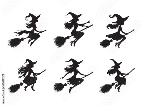 Flying Witch Silhouette Set Halloween Vector Illustration
