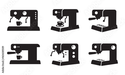  Coffee and Espresso Machine Icons, Cafe Barista Equipment Vector Set