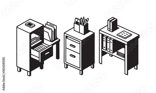 Isometric Office Furniture Icons, File Cabinet and Organizer Vector Set