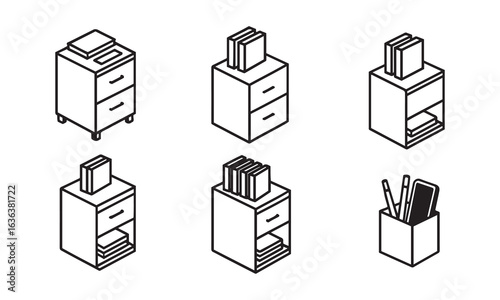 Isometric Office Furniture Icons, File Cabinet and Organizer Vector Set