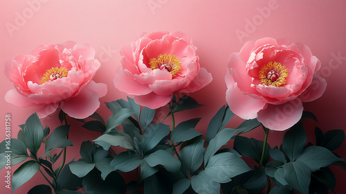 Beautiful illustration of pink peonies with lush green leaves on a soft background.