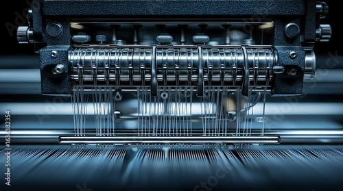 Close-up of modern textile weaving machine in operation, showcasing precision technology in fabric manufacturing