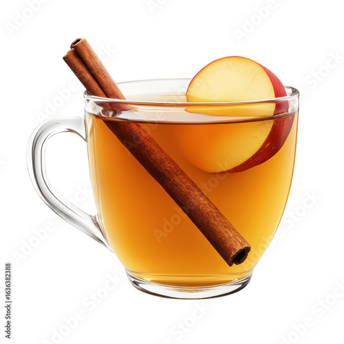 Glass mug of warm apple cider with cinnamon sticks and apple slice, a comforting autumn beverage for seasonal celebrations on transparent background